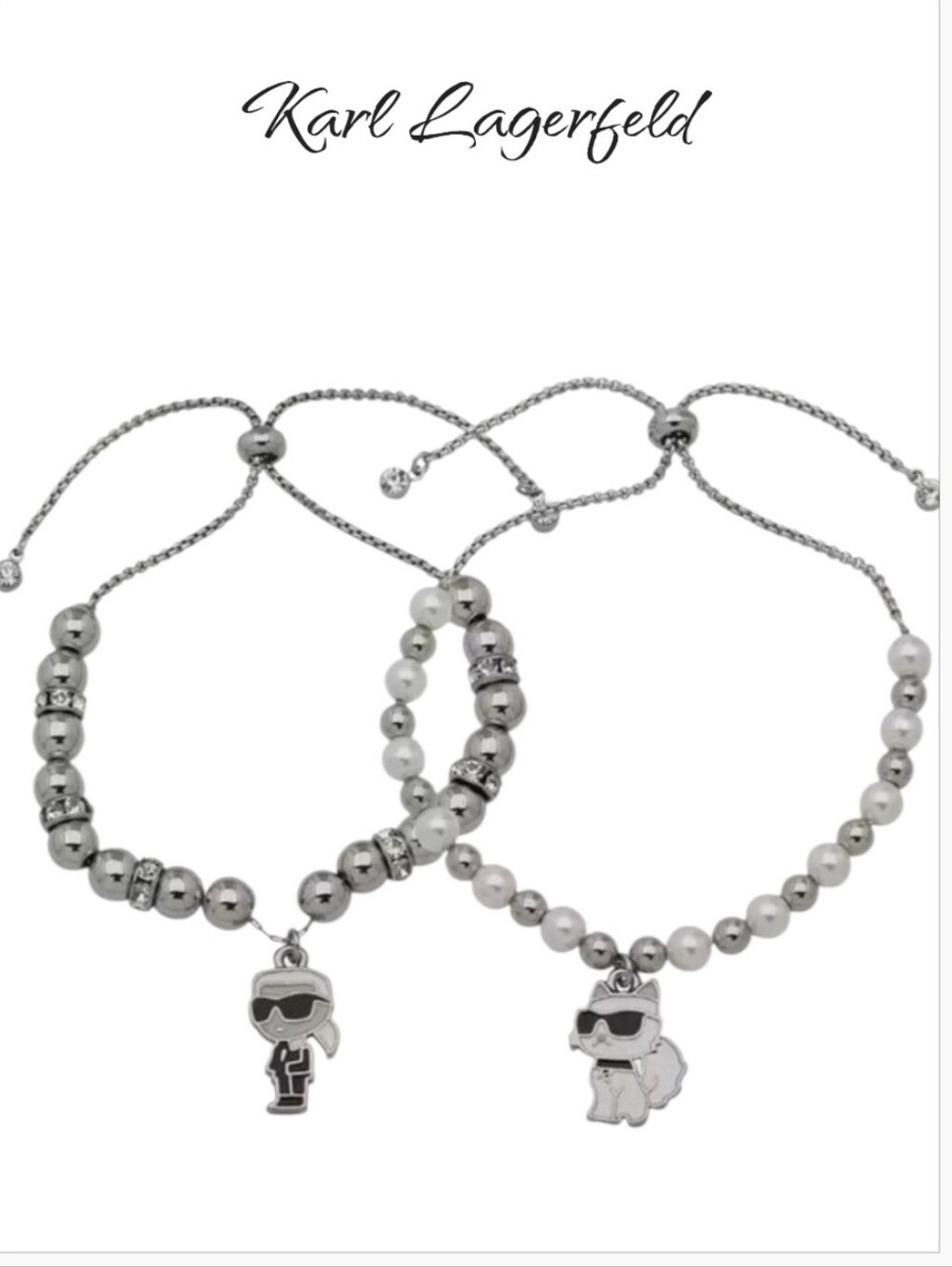 Karl Lagerfeld Paris Glass Pearl Silver Slider Bracelet Set 2-Pc Choupette NWT